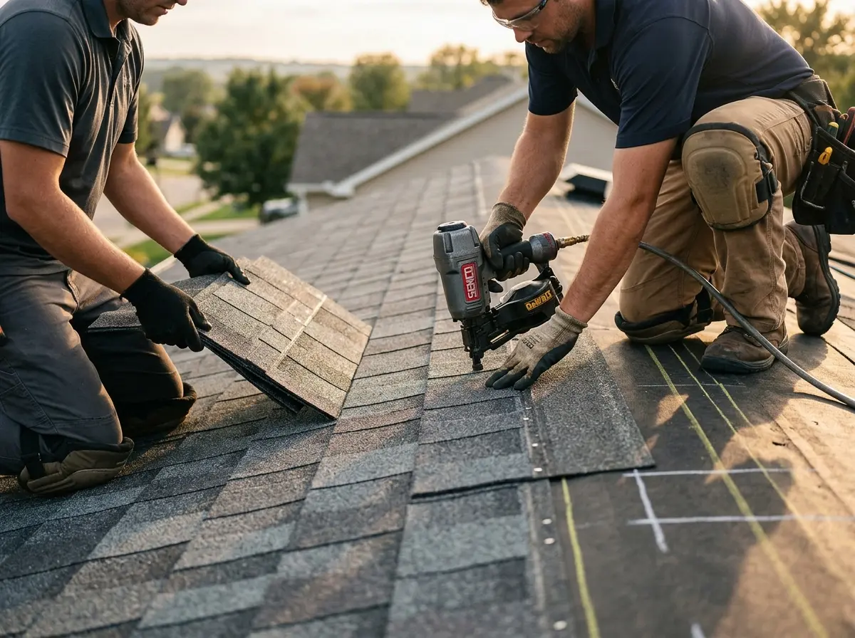 Professional roofer working on a residential roof in Mansfield